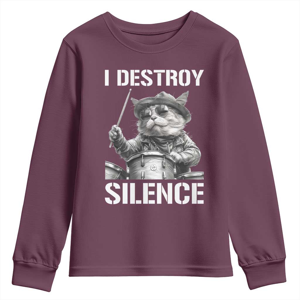 Funny Cat Rock Band Drummer Youth Sweatshirt I Destroy Silence - Wonder Print Shop