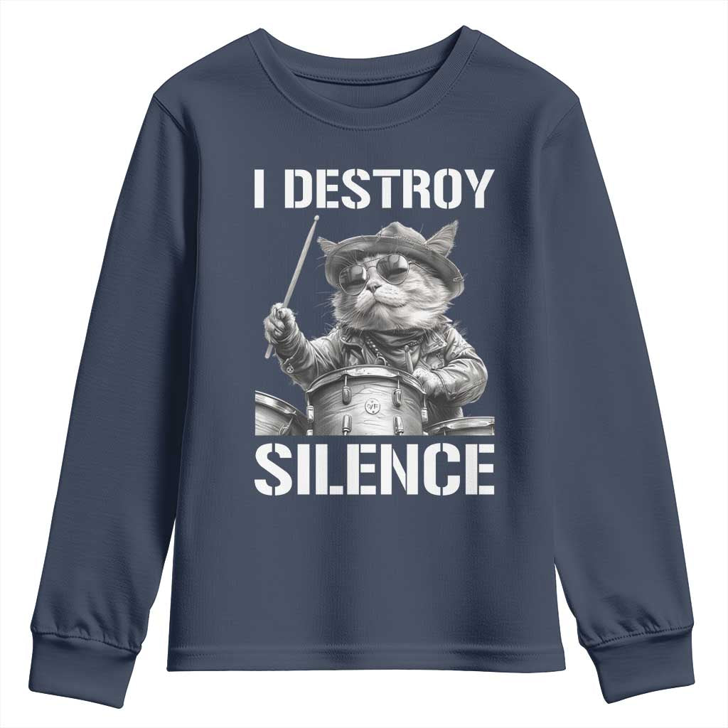 Funny Cat Rock Band Drummer Youth Sweatshirt I Destroy Silence - Wonder Print Shop
