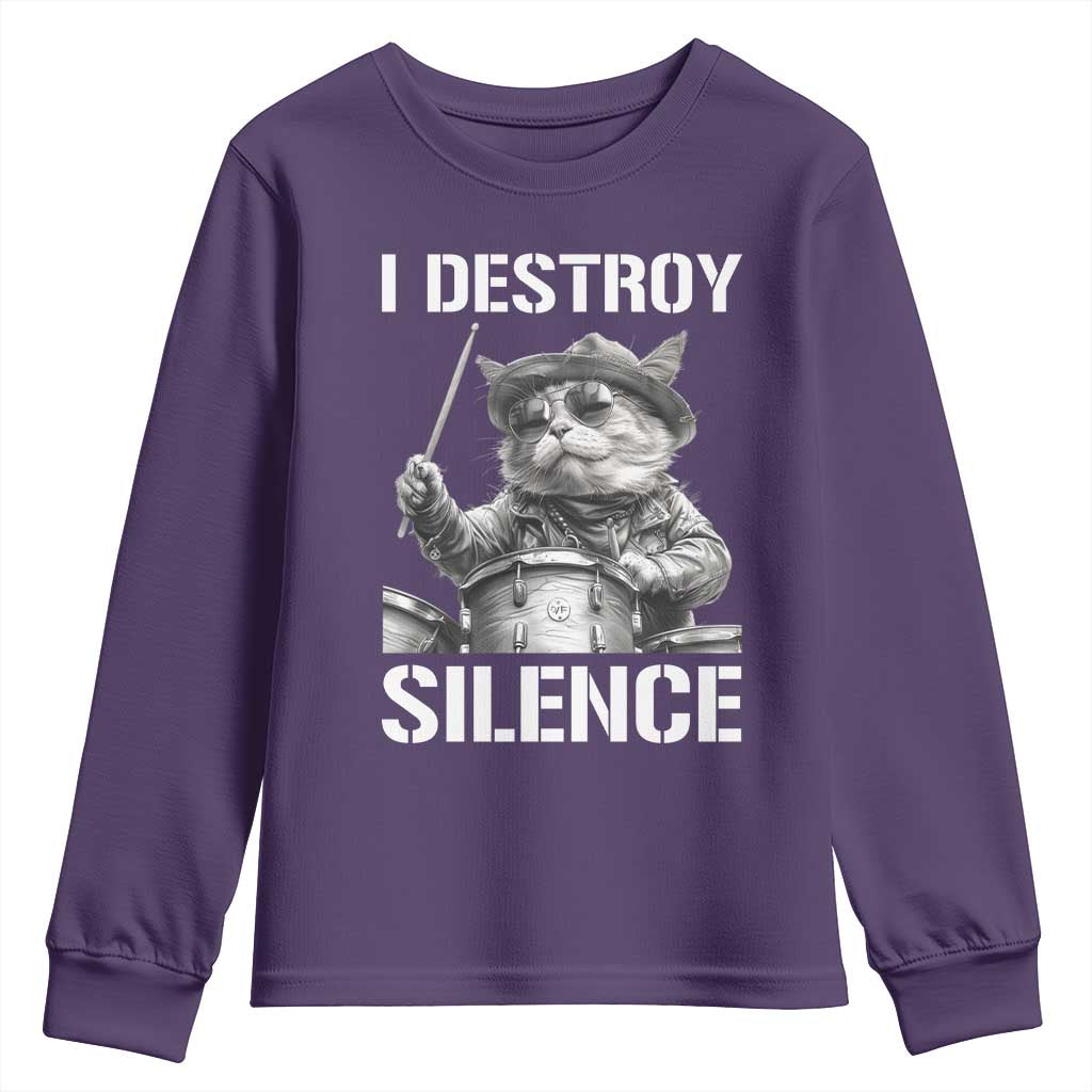 Funny Cat Rock Band Drummer Youth Sweatshirt I Destroy Silence - Wonder Print Shop