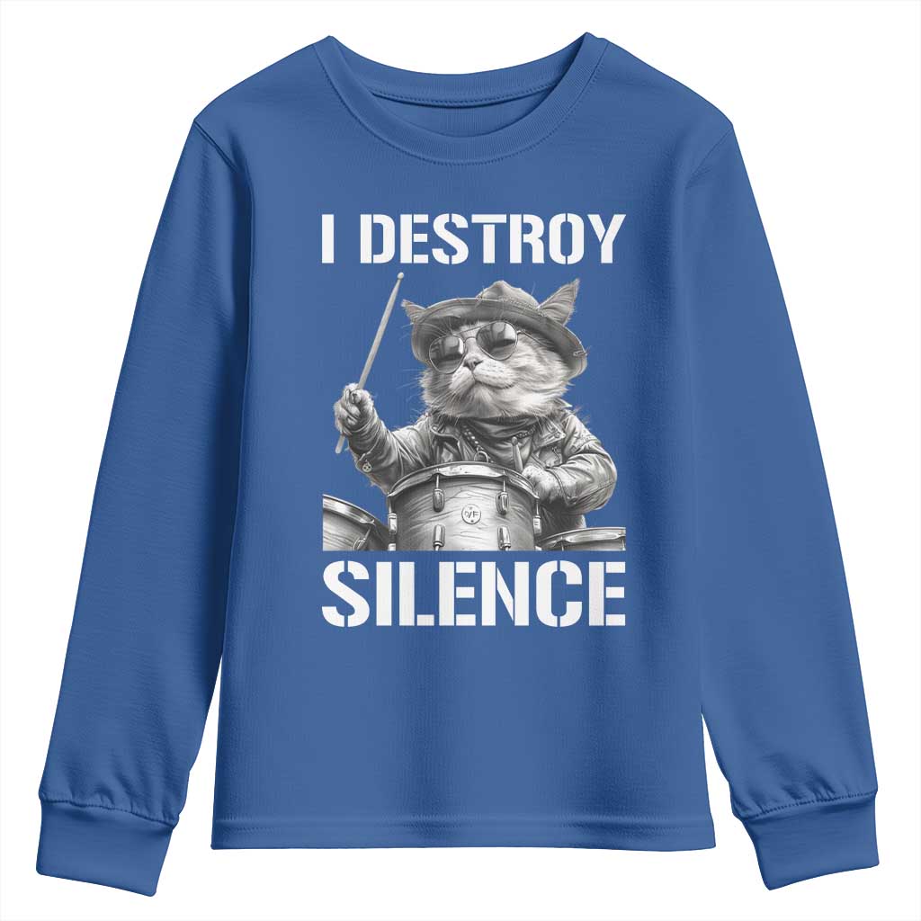 Funny Cat Rock Band Drummer Youth Sweatshirt I Destroy Silence - Wonder Print Shop