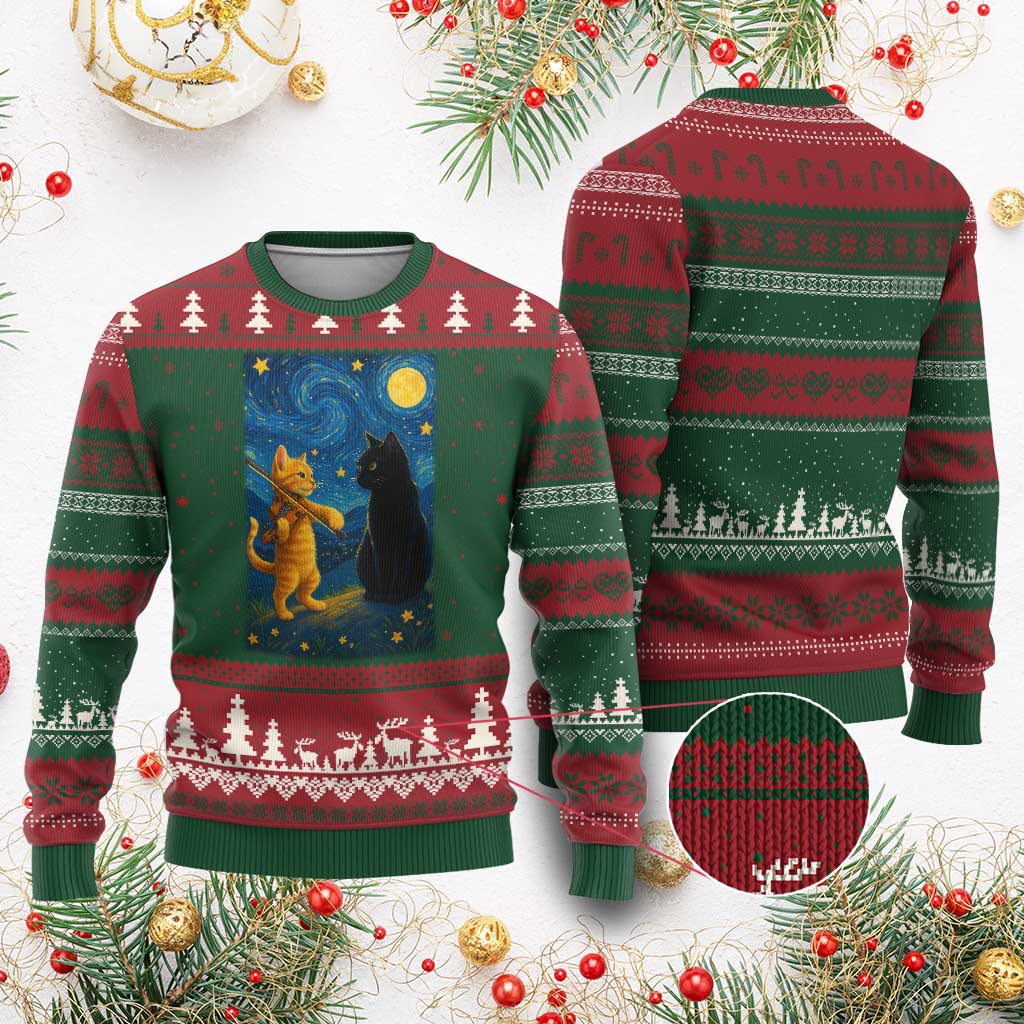 Cat Starry Night Ugly Christmas Sweater Van Gogh Violin Kitty Lover - Wonder Print Shop