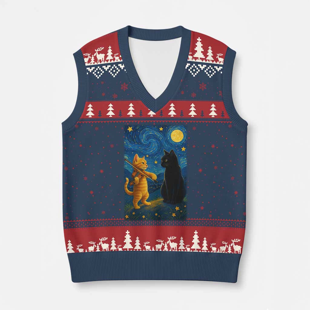 Cat Starry Night V-Neck Knit Sweater Vest Van Gogh Violin Kitty Lover - Wonder Print Shop