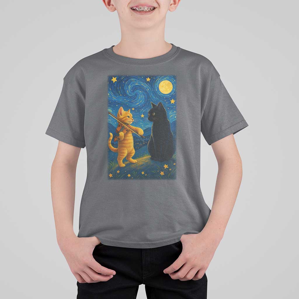 Cat Starry Night T Shirt For Kid Van Gogh Violin Kitty Lover - Wonder Print Shop