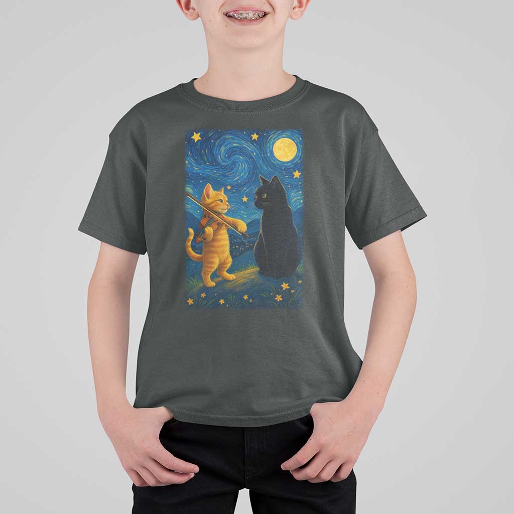 Cat Starry Night T Shirt For Kid Van Gogh Violin Kitty Lover - Wonder Print Shop