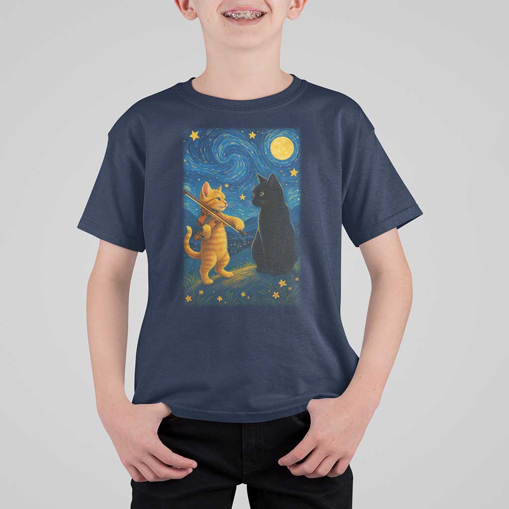 Cat Starry Night T Shirt For Kid Van Gogh Violin Kitty Lover - Wonder Print Shop