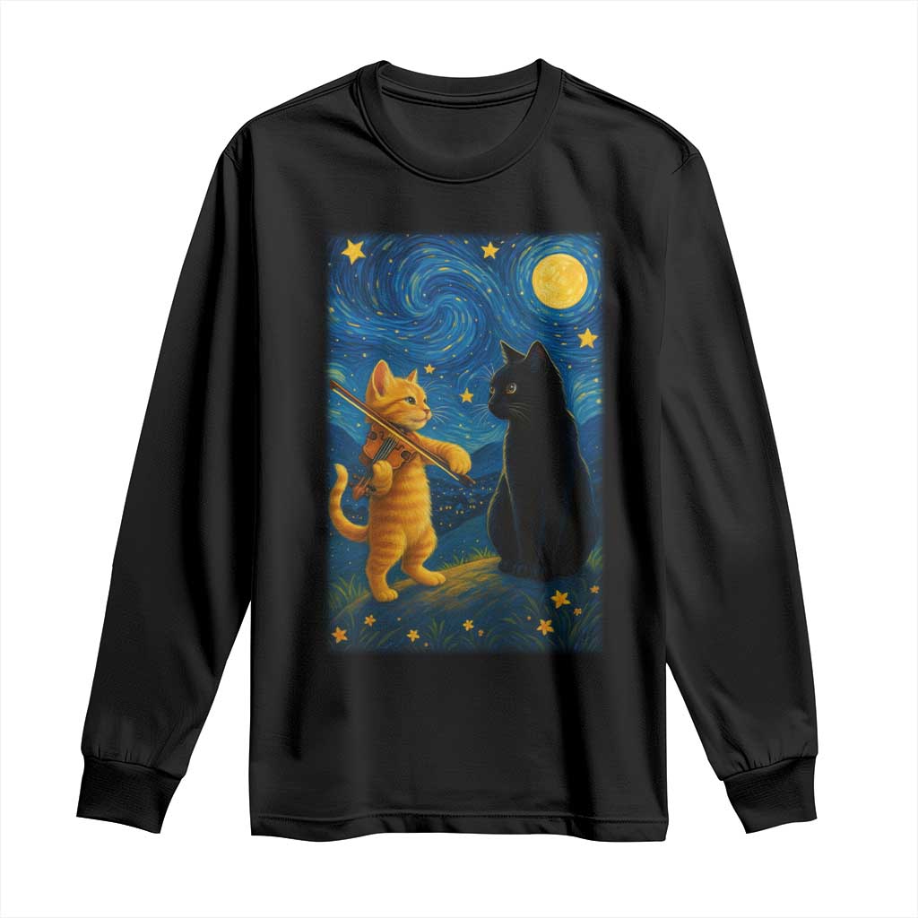 Cat Starry Night Long Sleeve Shirt Van Gogh Violin Kitty Lover - Wonder Print Shop