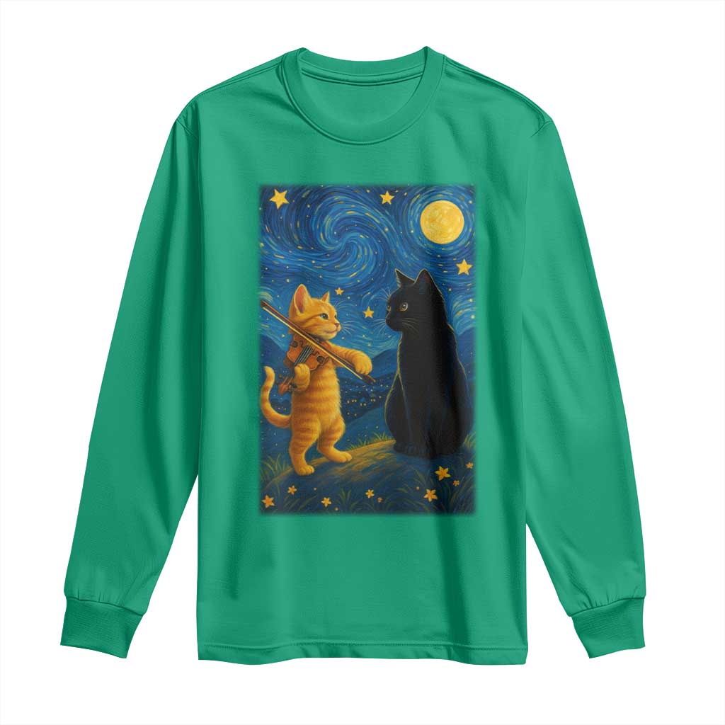 Cat Starry Night Long Sleeve Shirt Van Gogh Violin Kitty Lover - Wonder Print Shop
