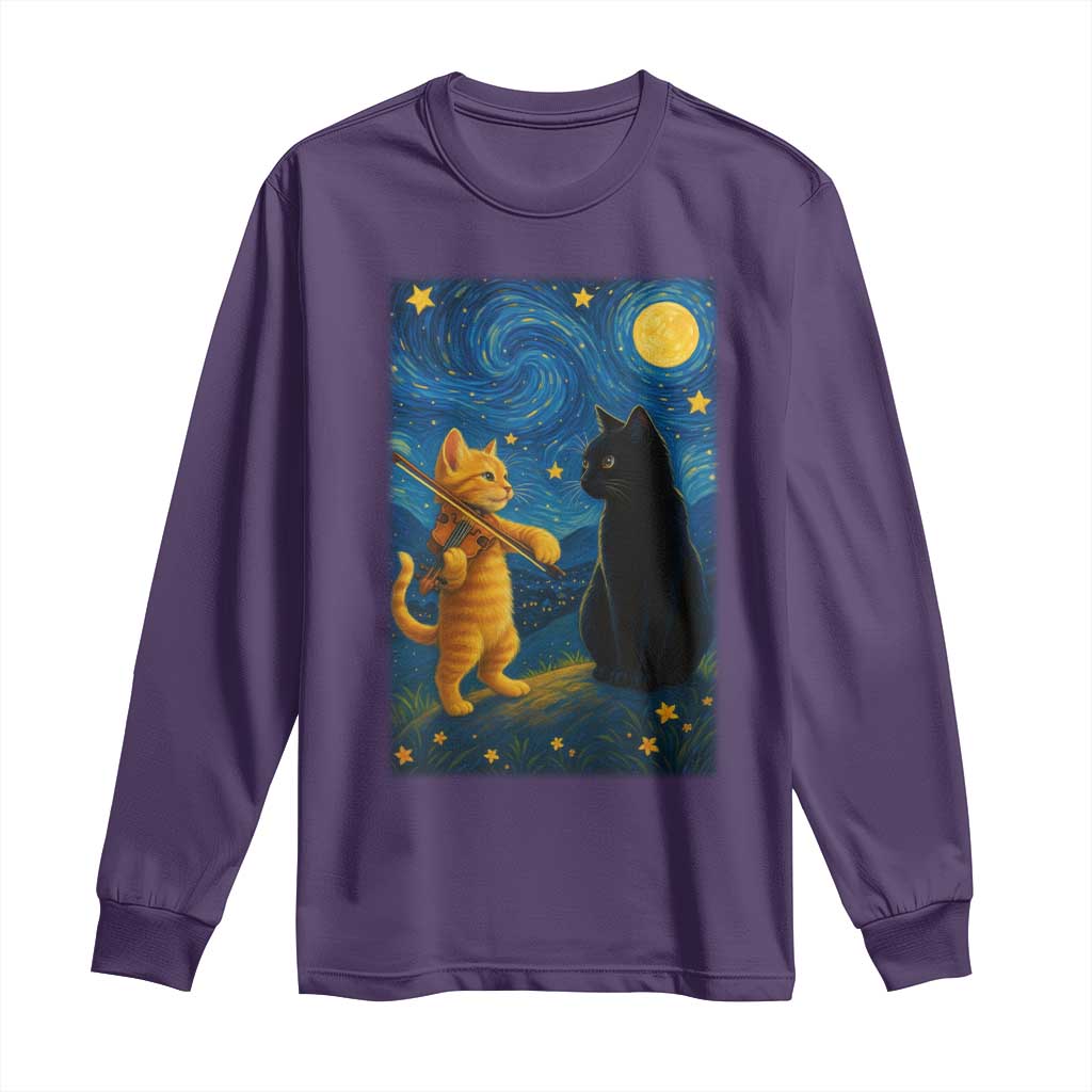 Cat Starry Night Long Sleeve Shirt Van Gogh Violin Kitty Lover - Wonder Print Shop