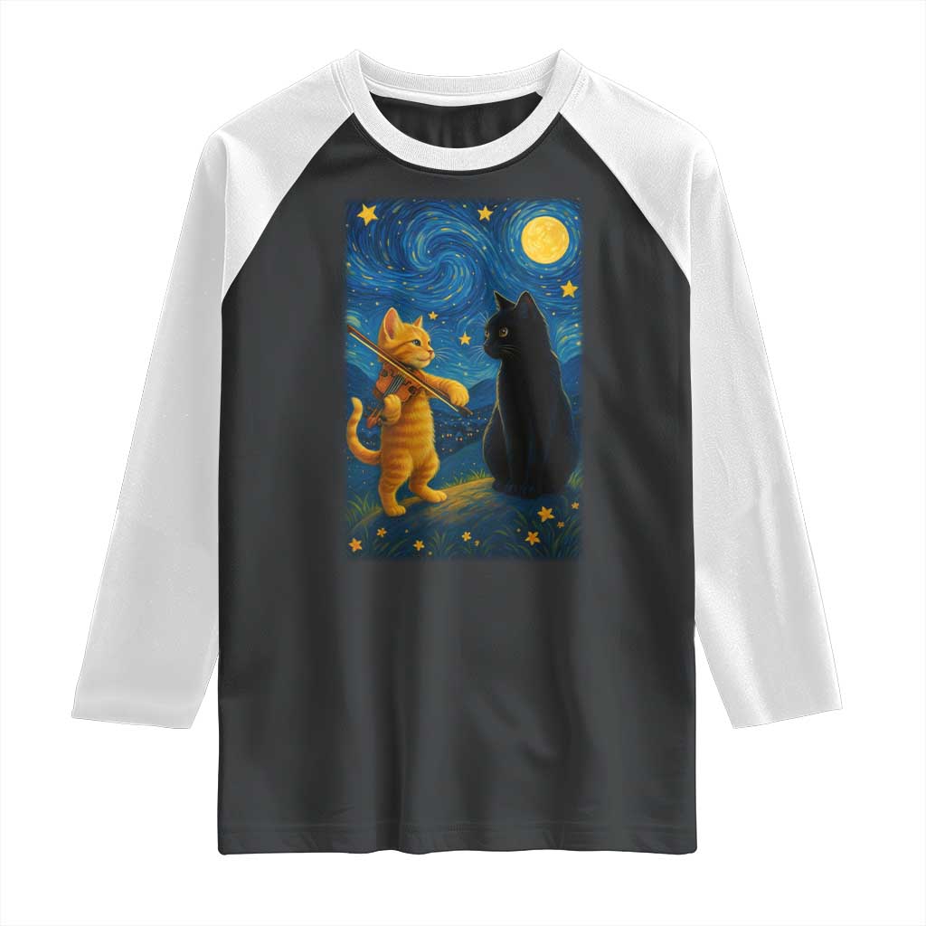 Cat Starry Night Raglan Shirt Van Gogh Violin Kitty Lover - Wonder Print Shop