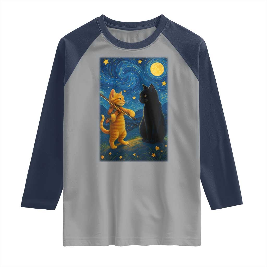 Cat Starry Night Raglan Shirt Van Gogh Violin Kitty Lover - Wonder Print Shop