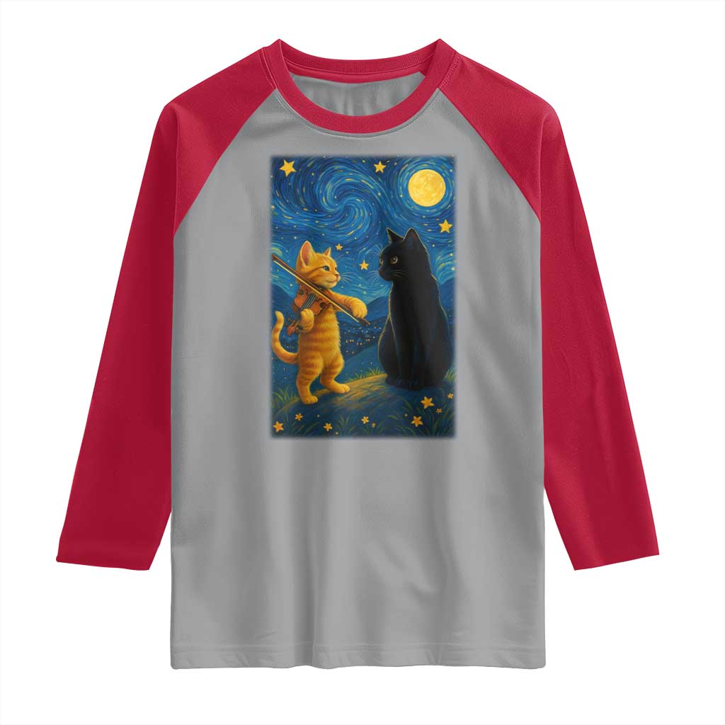 Cat Starry Night Raglan Shirt Van Gogh Violin Kitty Lover - Wonder Print Shop