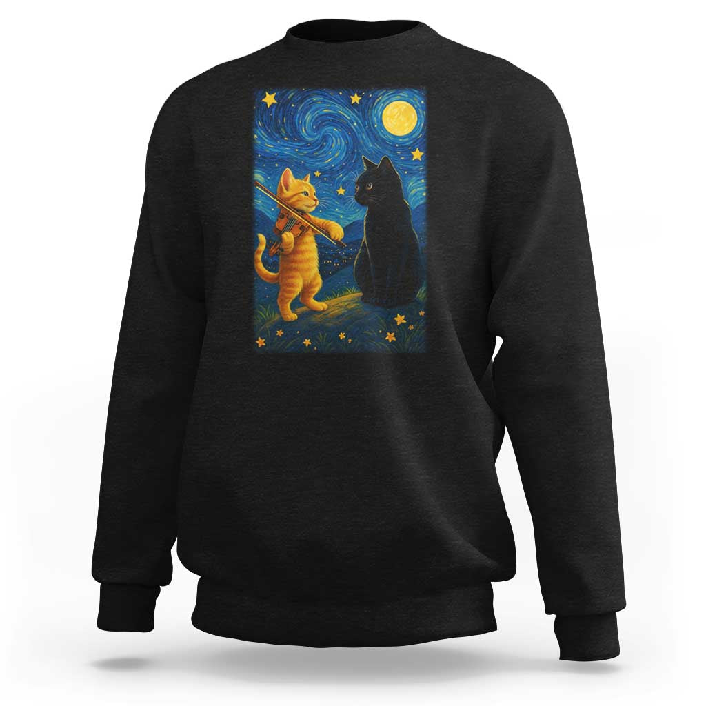 Cat Starry Night Sweatshirt Van Gogh Violin Kitty Lover - Wonder Print Shop