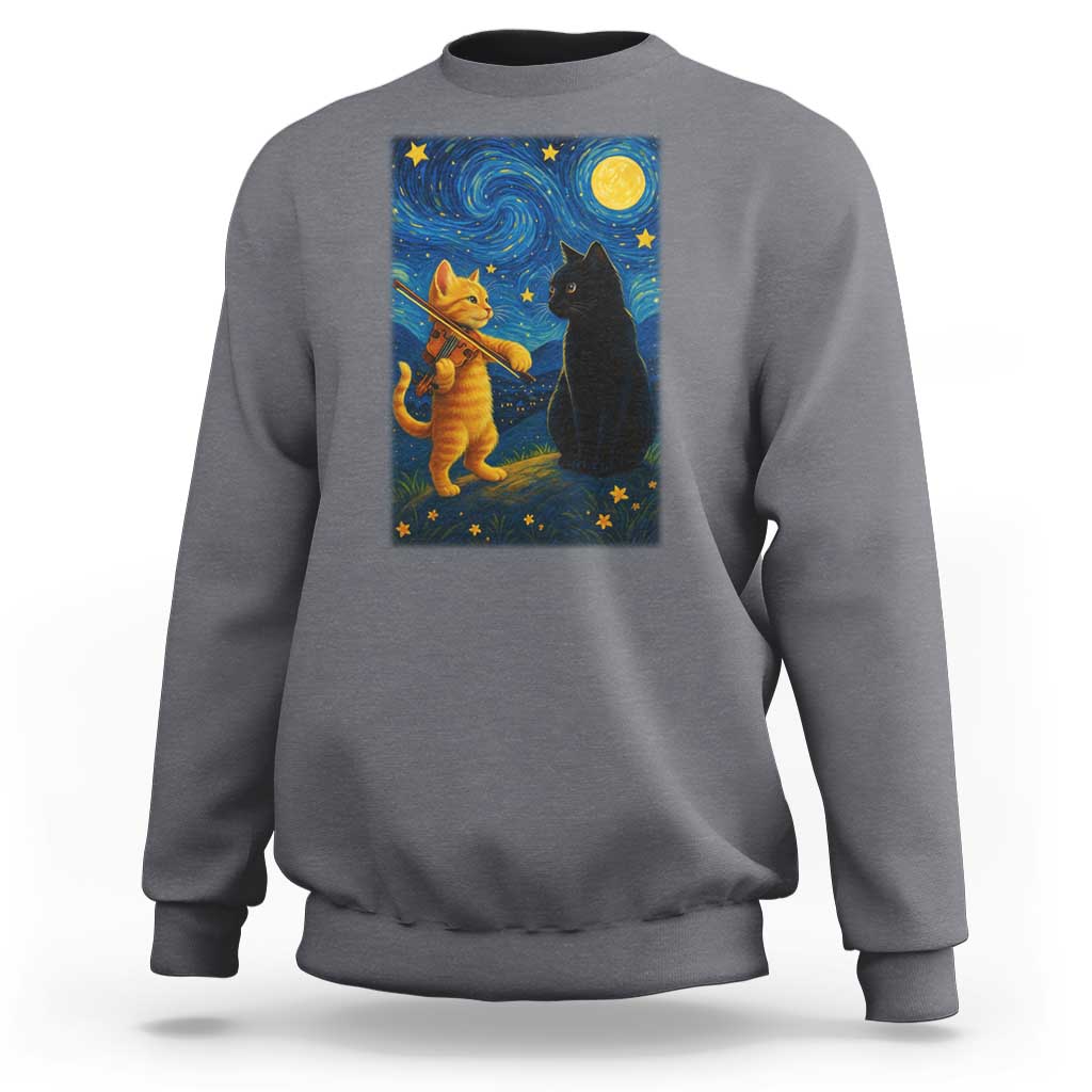 Cat Starry Night Sweatshirt Van Gogh Violin Kitty Lover - Wonder Print Shop