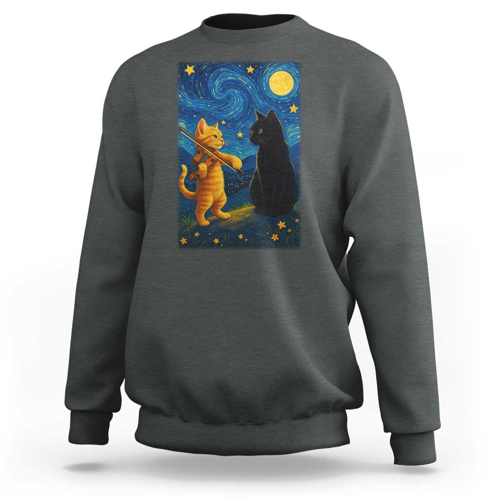 Cat Starry Night Sweatshirt Van Gogh Violin Kitty Lover - Wonder Print Shop