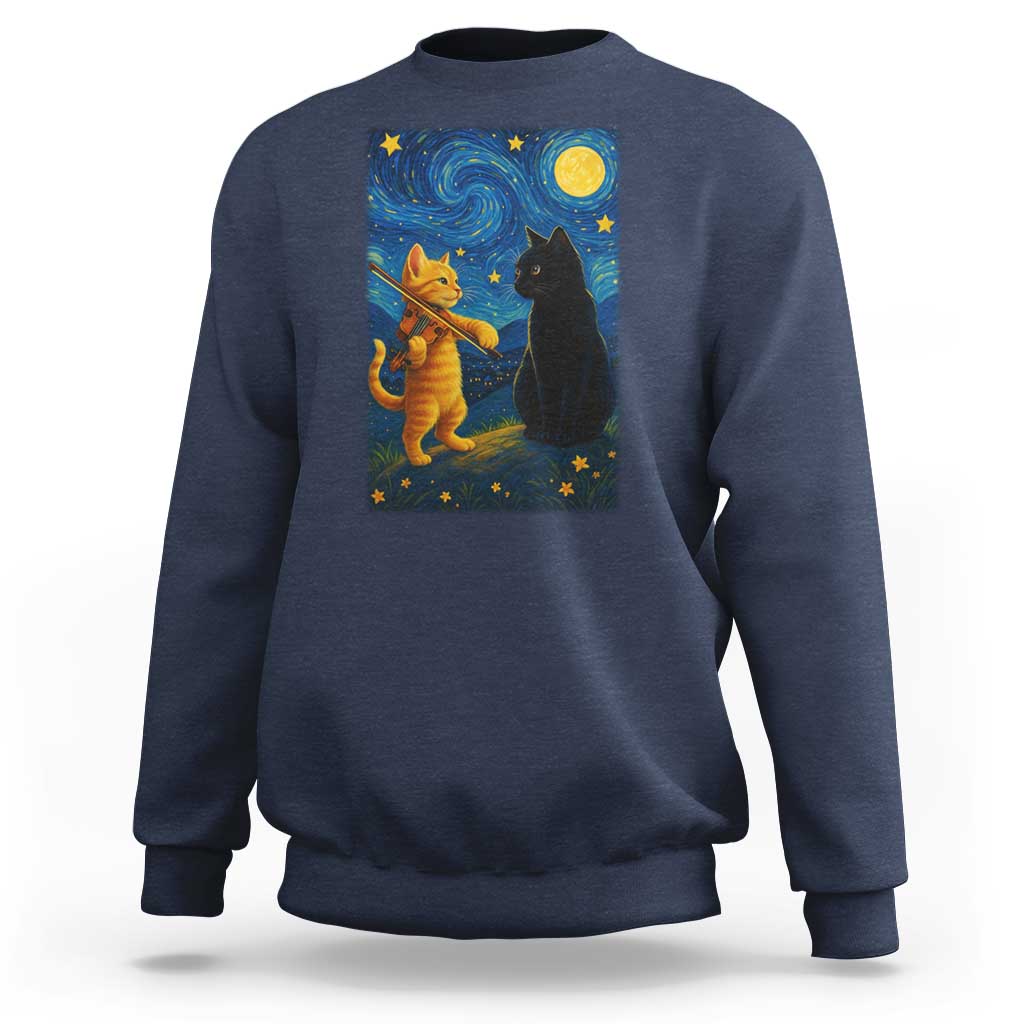 Cat Starry Night Sweatshirt Van Gogh Violin Kitty Lover - Wonder Print Shop