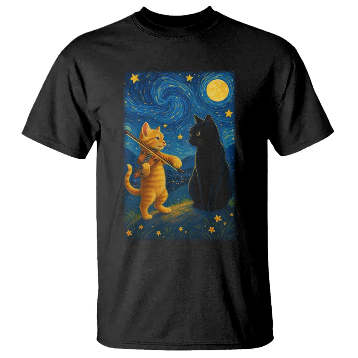 Cat Starry Night T Shirt Van Gogh Violin Kitty Lover - Wonder Print Shop