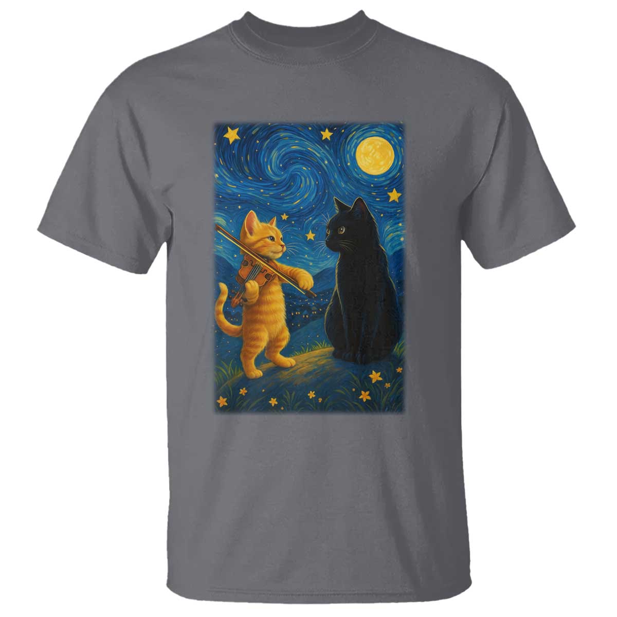 Cat Starry Night T Shirt Van Gogh Violin Kitty Lover - Wonder Print Shop