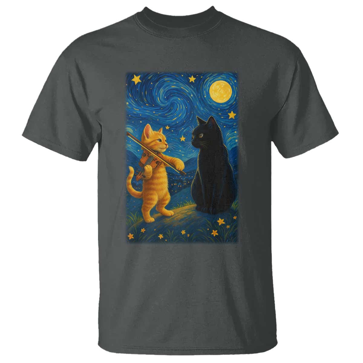 Cat Starry Night T Shirt Van Gogh Violin Kitty Lover - Wonder Print Shop
