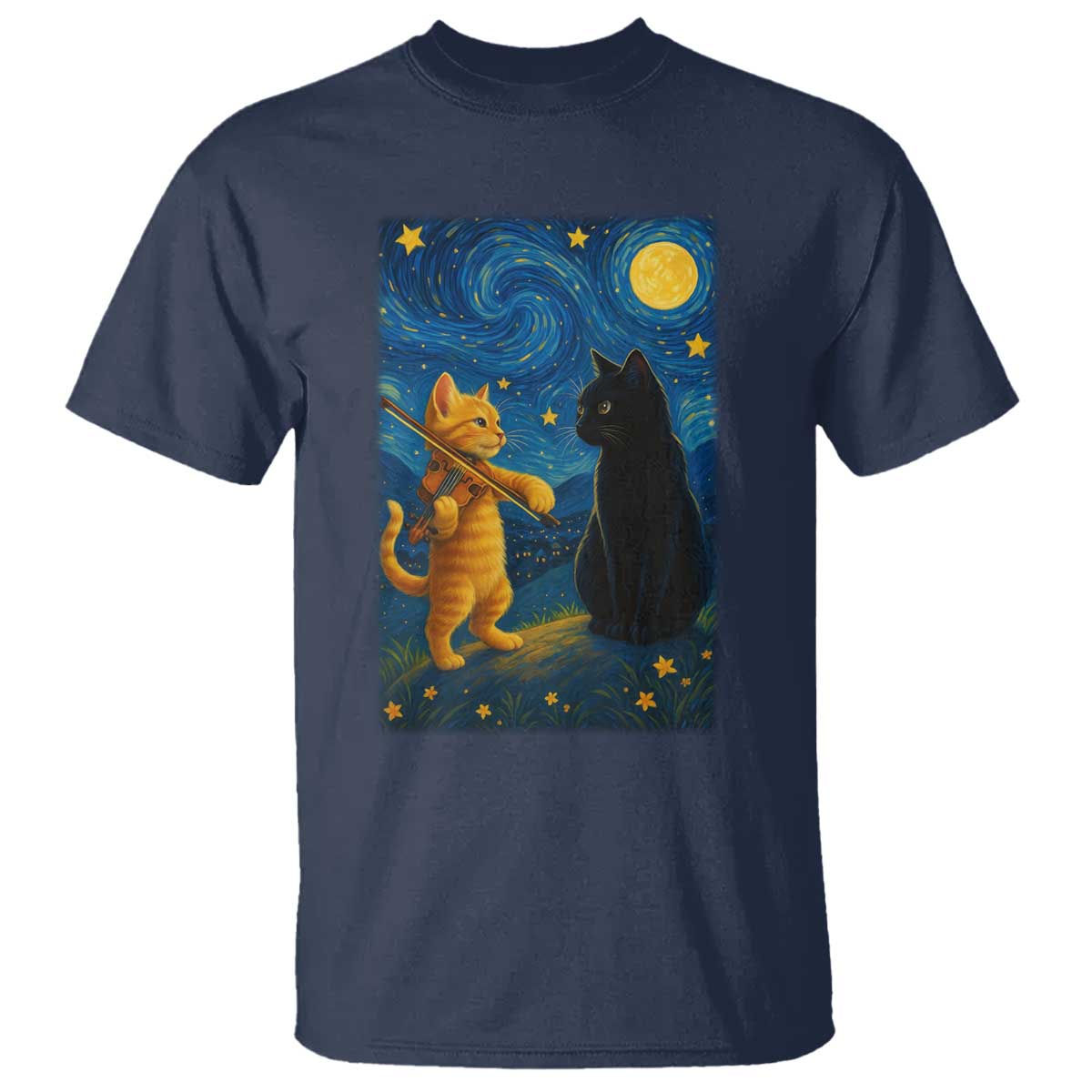 Cat Starry Night T Shirt Van Gogh Violin Kitty Lover - Wonder Print Shop