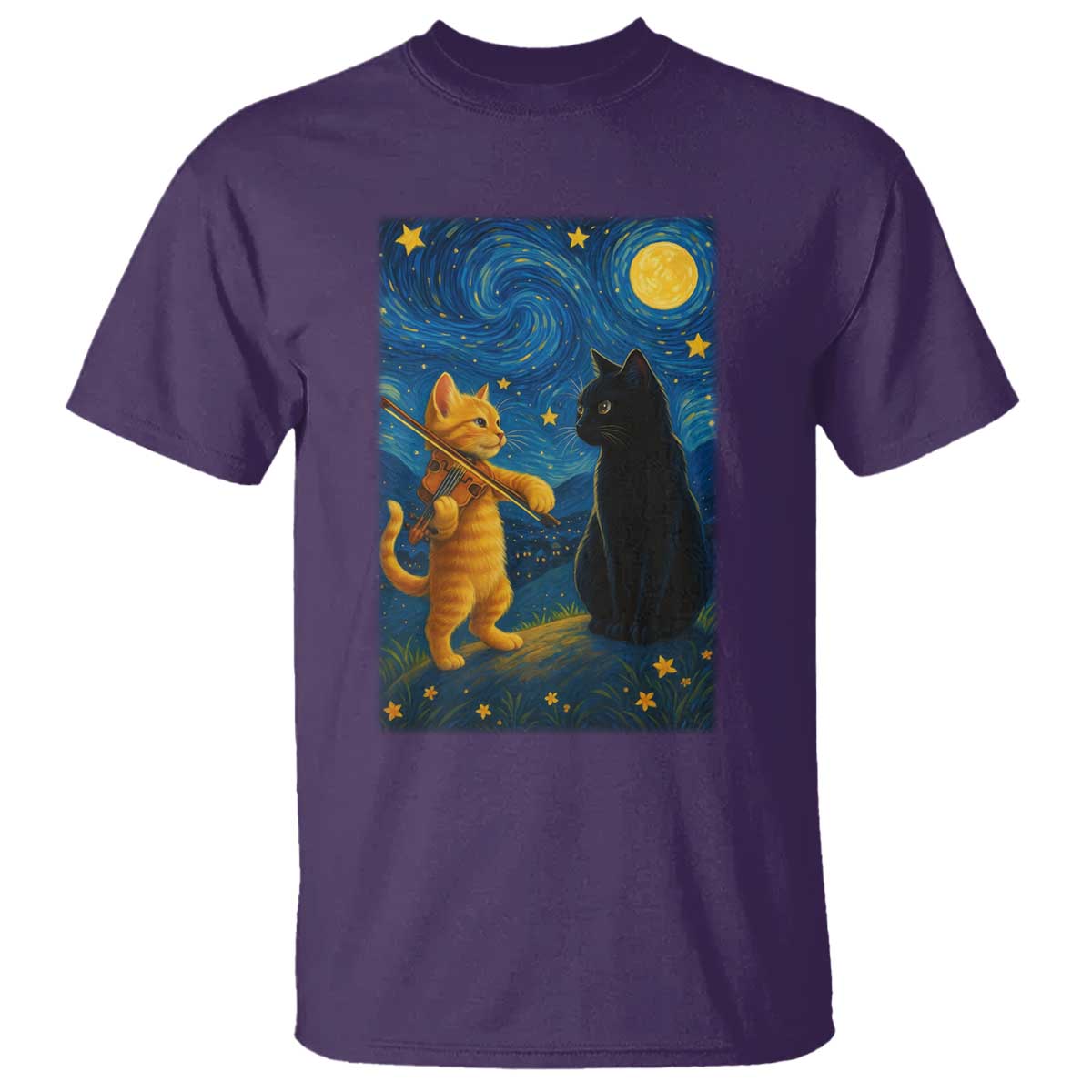Cat Starry Night T Shirt Van Gogh Violin Kitty Lover - Wonder Print Shop