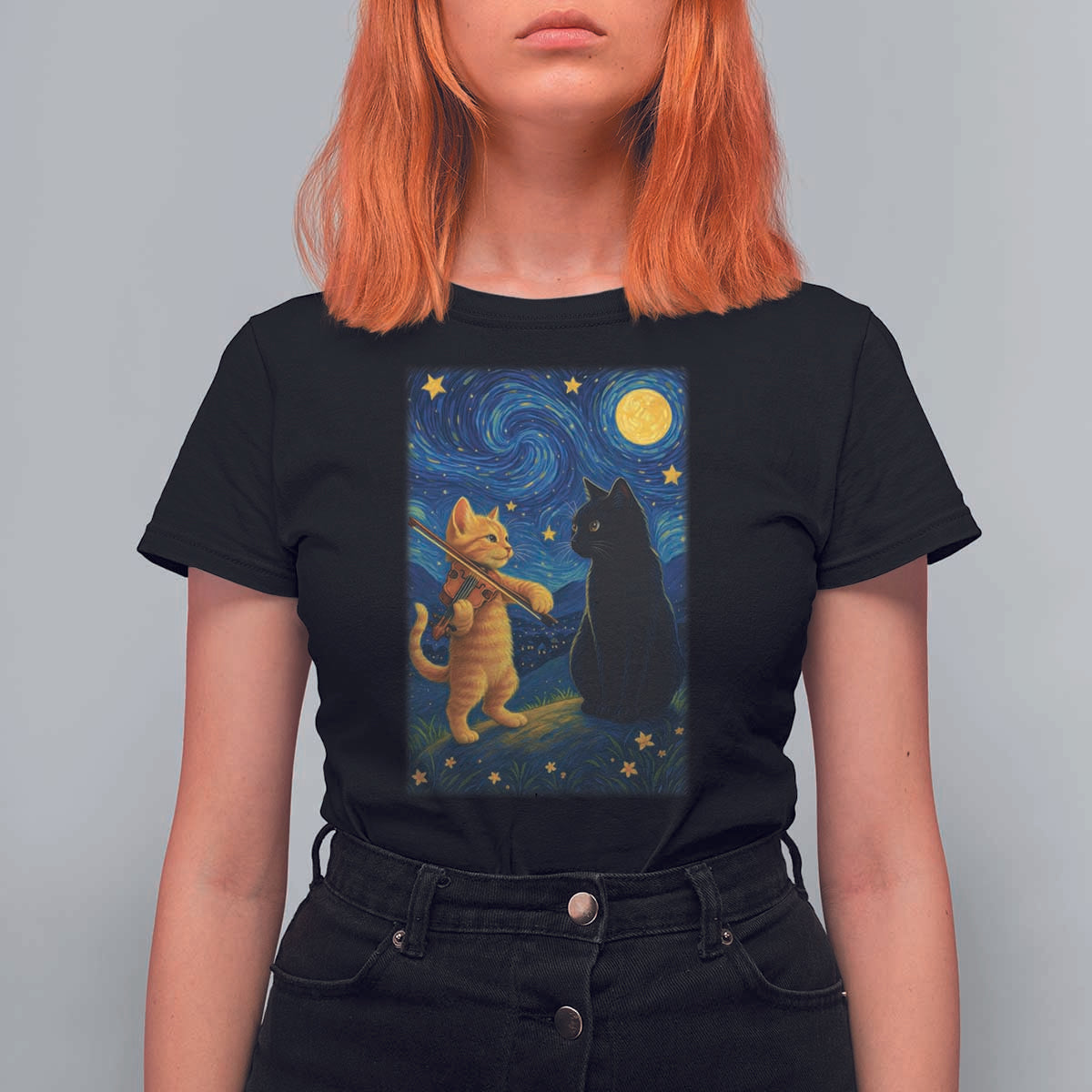 Cat Starry Night T Shirt For Women Van Gogh Violin Kitty Lover - Wonder Print Shop