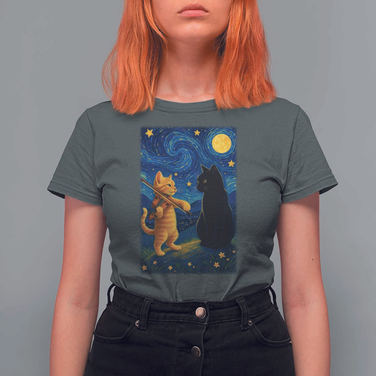 Cat Starry Night T Shirt For Women Van Gogh Violin Kitty Lover - Wonder Print Shop