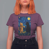 Cat Starry Night T Shirt For Women Van Gogh Violin Kitty Lover - Wonder Print Shop