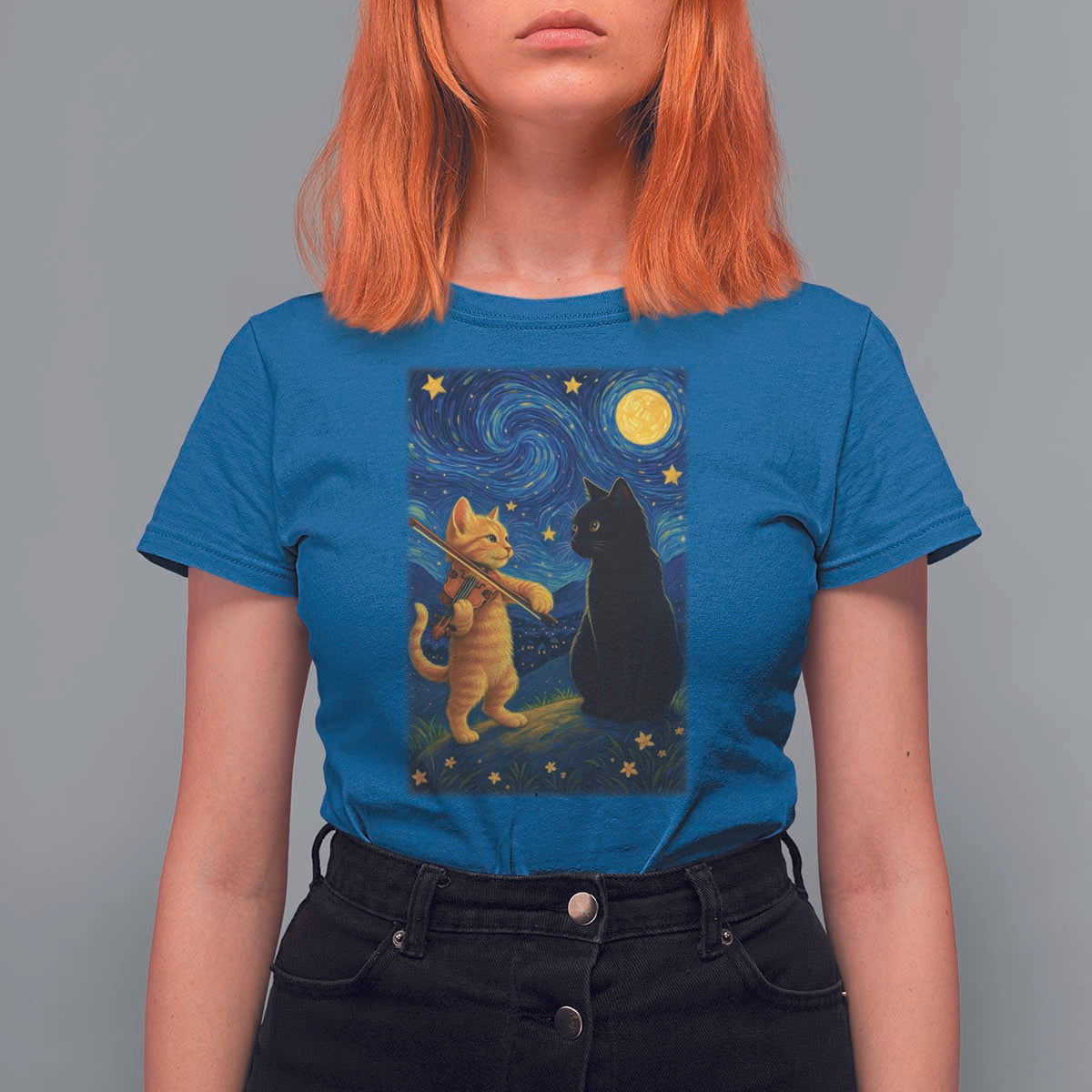 Cat Starry Night T Shirt For Women Van Gogh Violin Kitty Lover - Wonder Print Shop