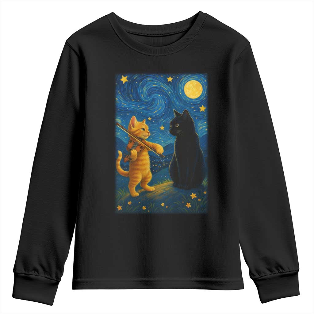 Cat Starry Night Youth Sweatshirt Van Gogh Violin Kitty Lover - Wonder Print Shop