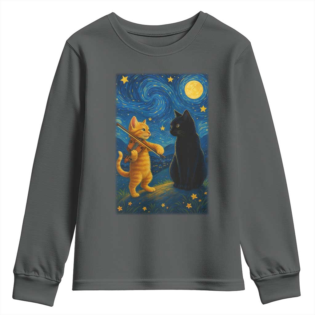 Cat Starry Night Youth Sweatshirt Van Gogh Violin Kitty Lover - Wonder Print Shop