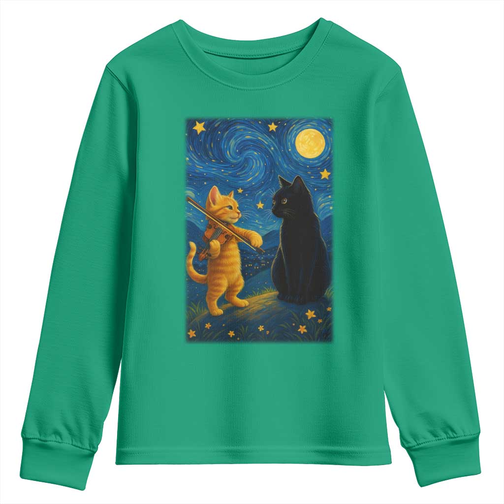 Cat Starry Night Youth Sweatshirt Van Gogh Violin Kitty Lover - Wonder Print Shop
