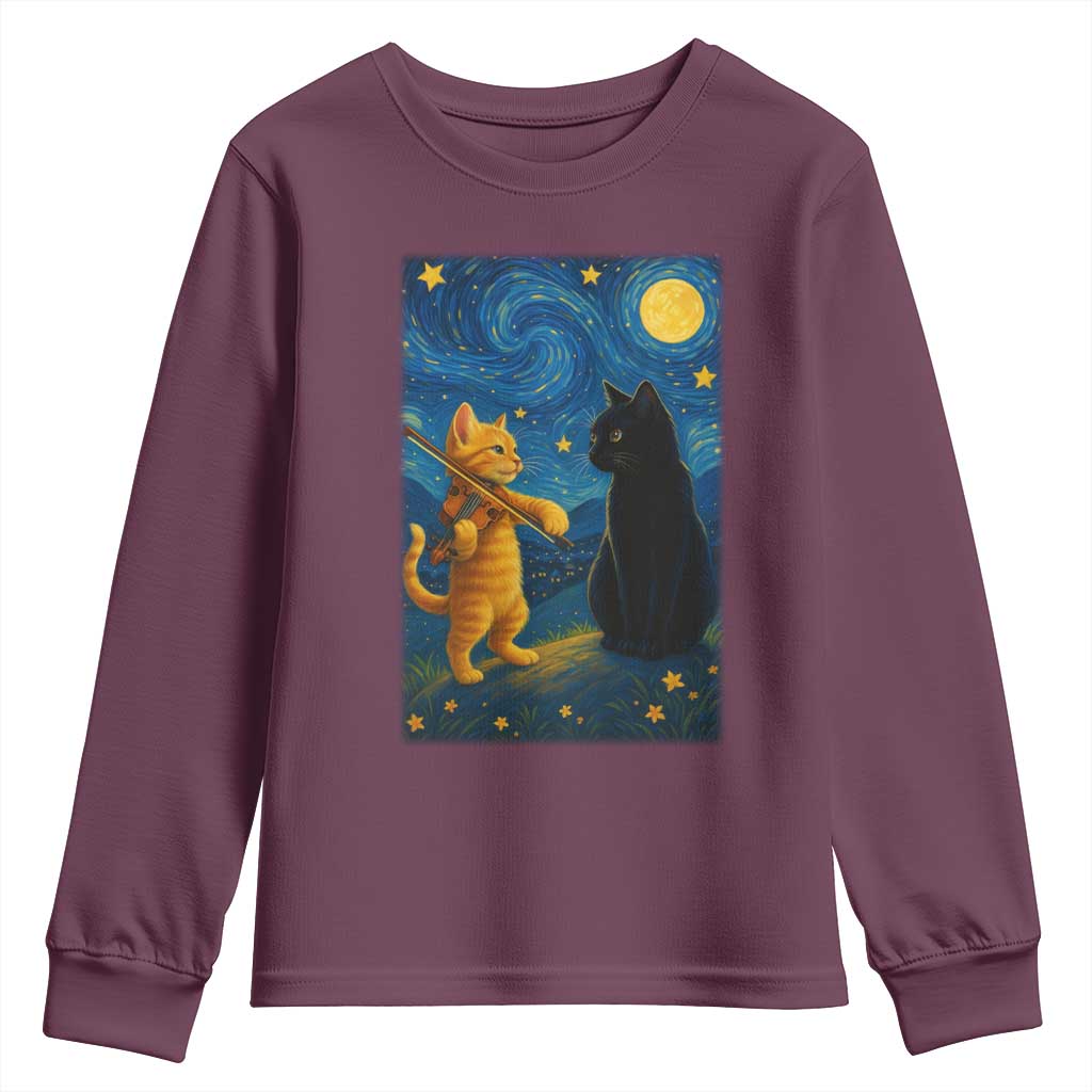 Cat Starry Night Youth Sweatshirt Van Gogh Violin Kitty Lover - Wonder Print Shop