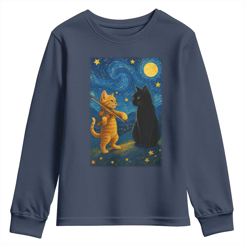 Cat Starry Night Youth Sweatshirt Van Gogh Violin Kitty Lover - Wonder Print Shop