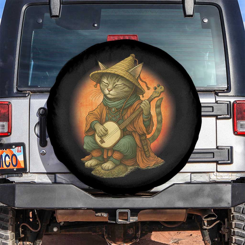 Japanese Samurai Cat Spare Tire Cover Retro Cat Playing Shamisen Art - Wonder Print Shop