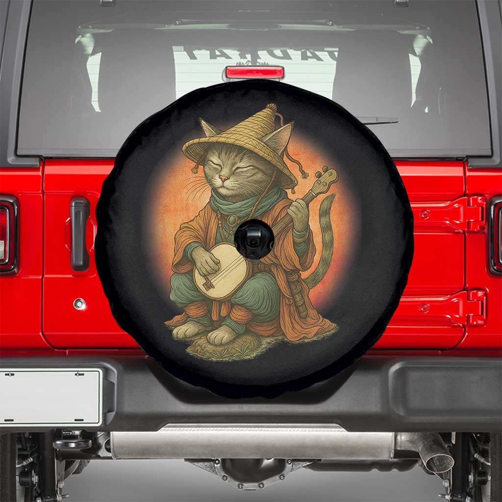 Japanese Samurai Cat Spare Tire Cover Retro Cat Playing Shamisen Art - Wonder Print Shop
