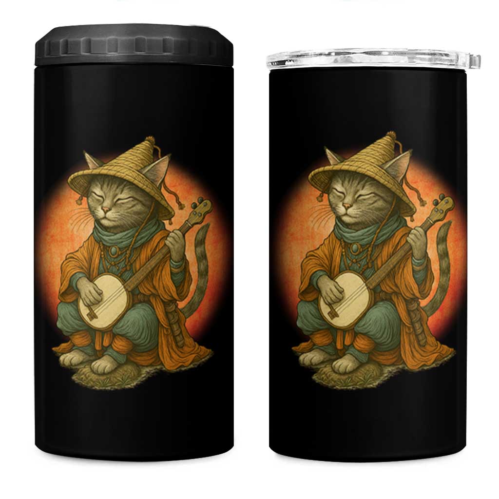 Japanese Samurai Cat 4 in 1 Can Cooler Tumbler Retro Cat Playing Shamisen Art