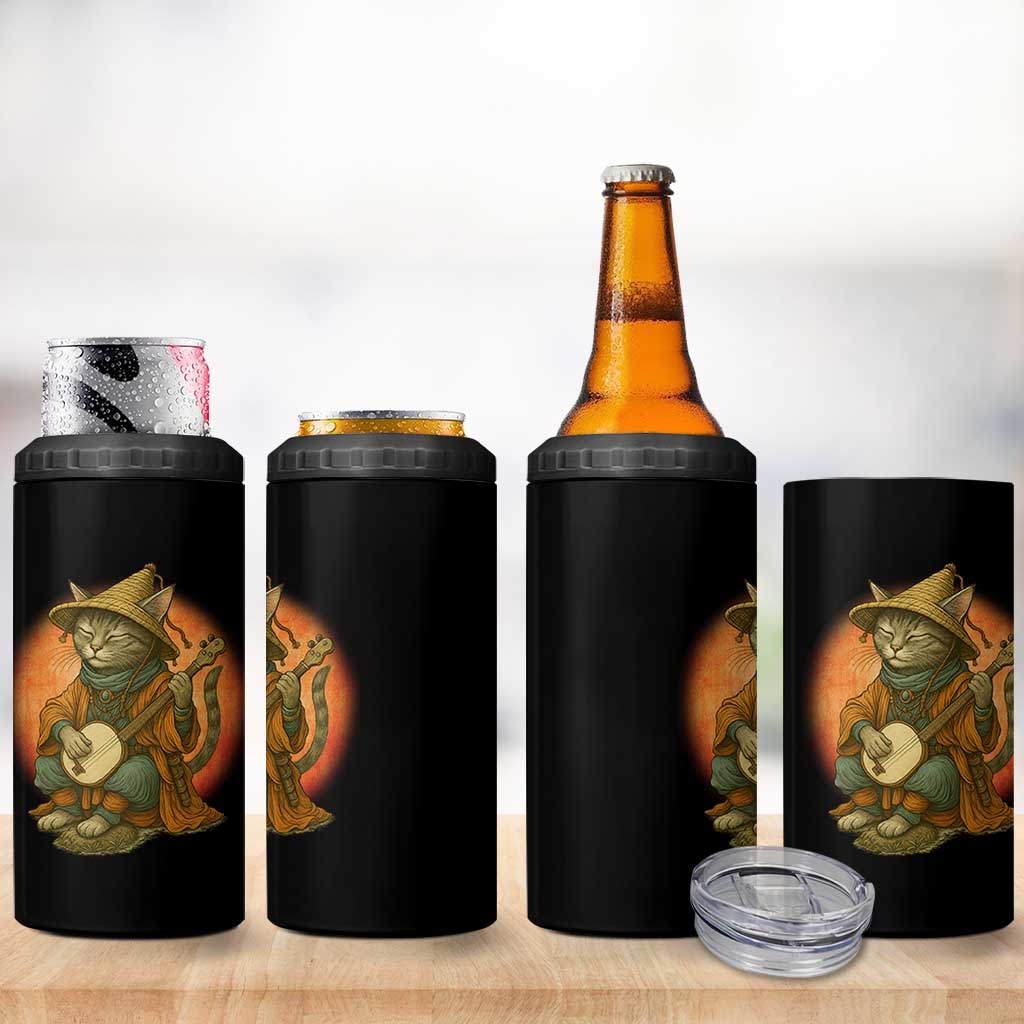 Japanese Samurai Cat 4 in 1 Can Cooler Tumbler Retro Cat Playing Shamisen Art