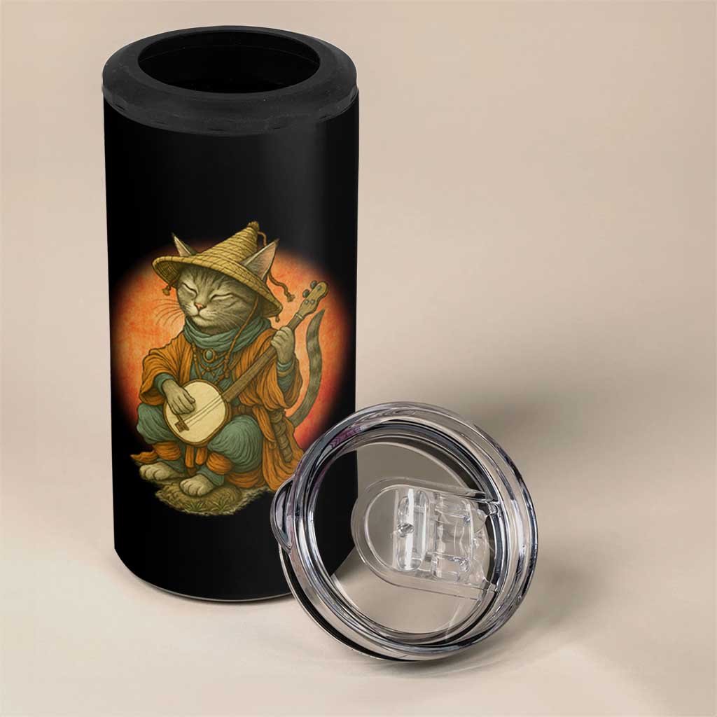 Japanese Samurai Cat 4 in 1 Can Cooler Tumbler Retro Cat Playing Shamisen Art