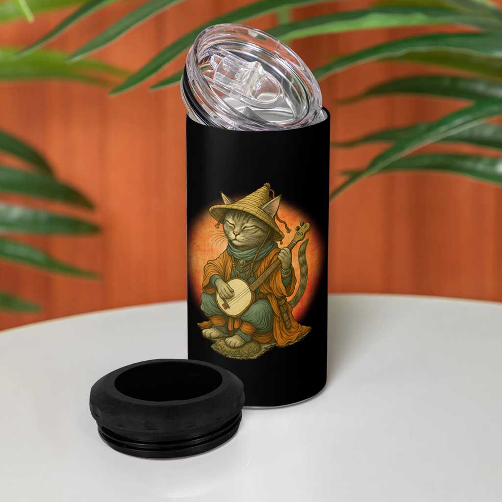 Japanese Samurai Cat 4 in 1 Can Cooler Tumbler Retro Cat Playing Shamisen Art