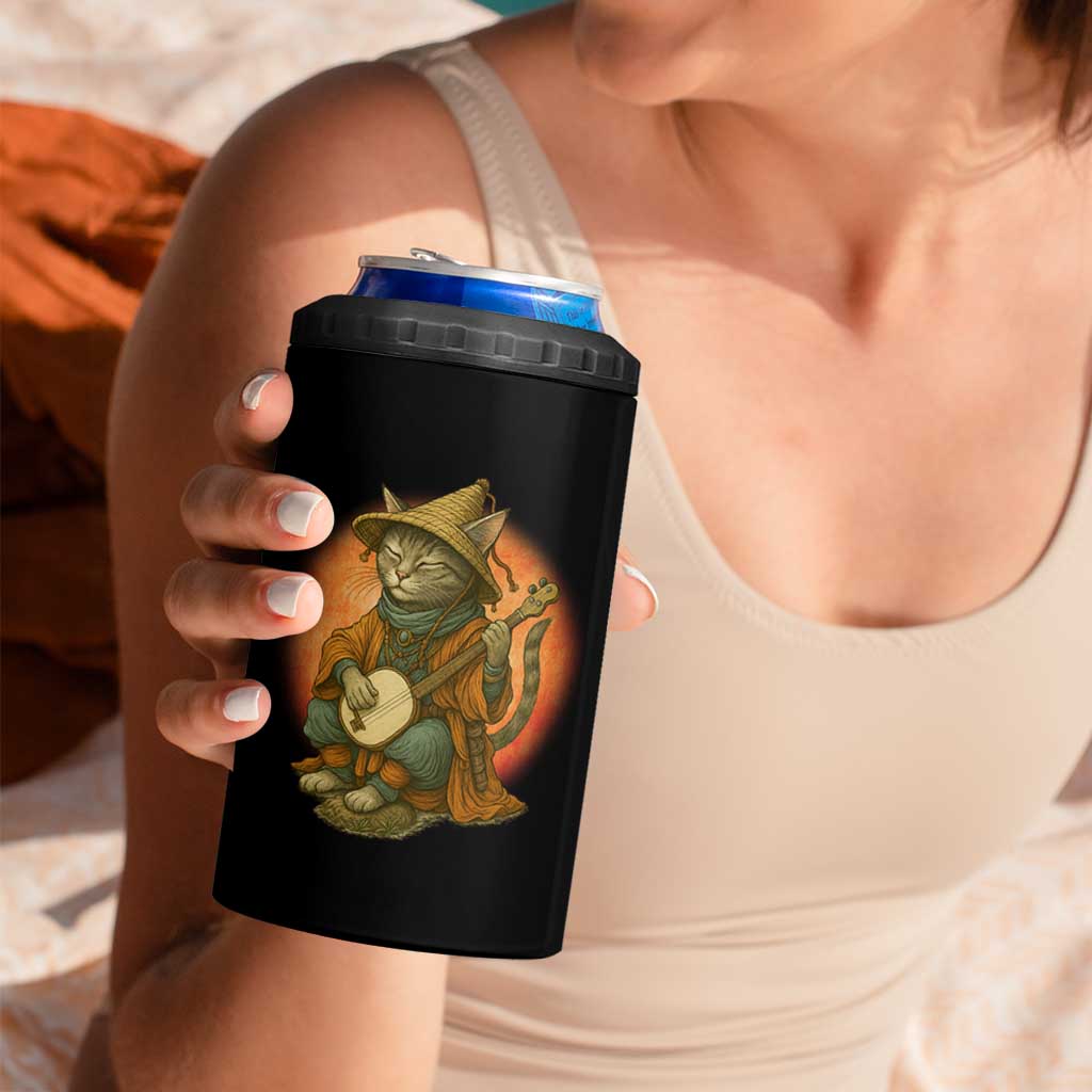 Japanese Samurai Cat 4 in 1 Can Cooler Tumbler Retro Cat Playing Shamisen Art