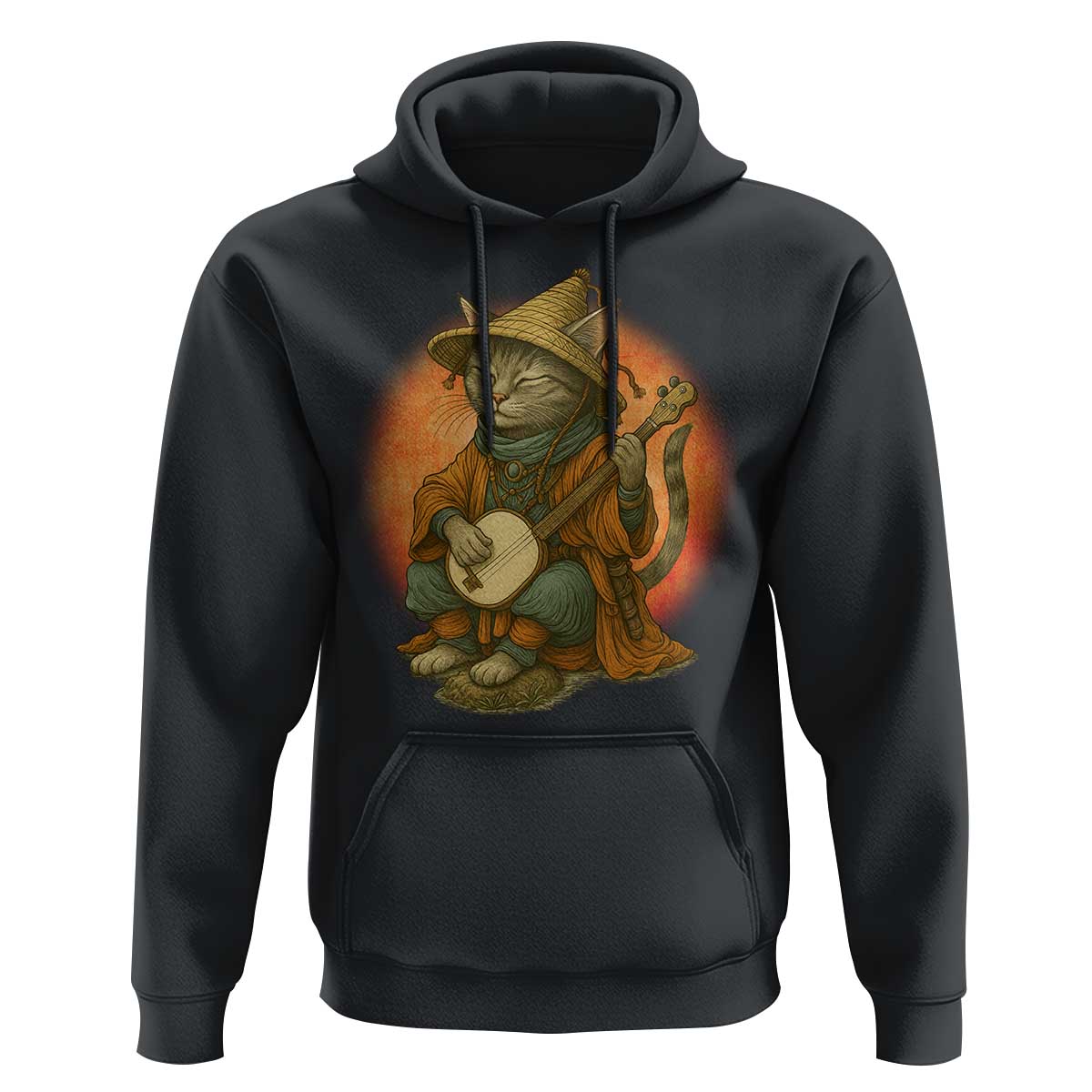 Japanese Samurai Cat Hoodie Retro Cat Playing Shamisen Art - Wonder Print Shop