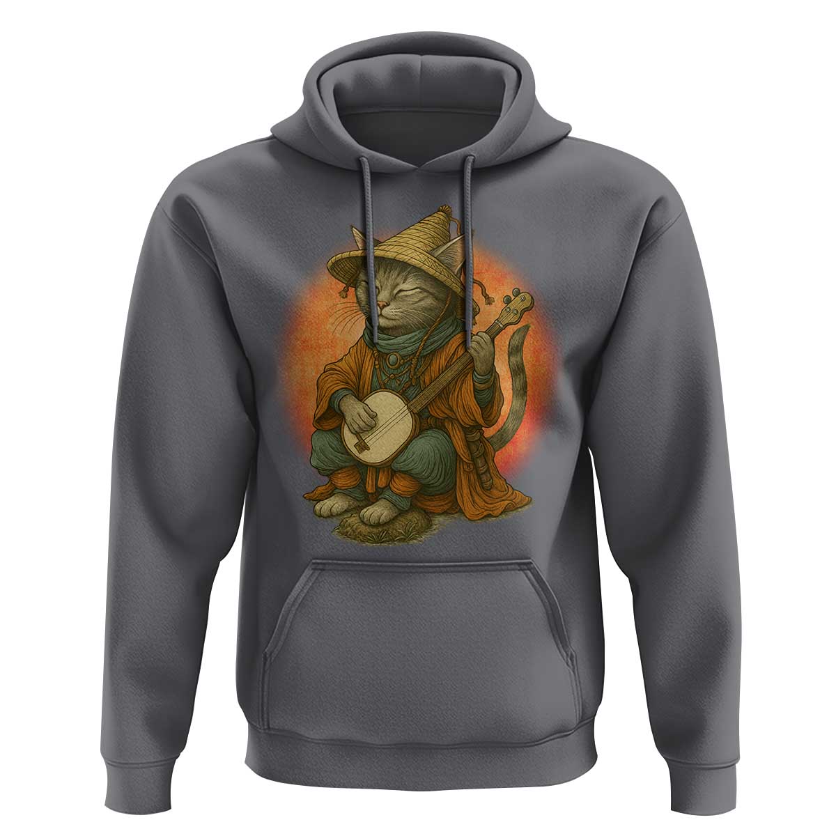 Japanese Samurai Cat Hoodie Retro Cat Playing Shamisen Art - Wonder Print Shop