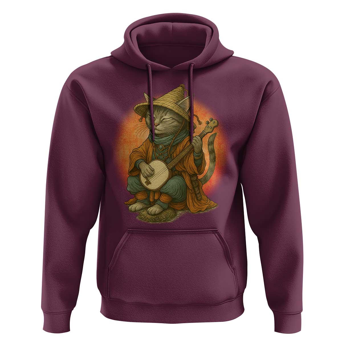 Japanese Samurai Cat Hoodie Retro Cat Playing Shamisen Art - Wonder Print Shop
