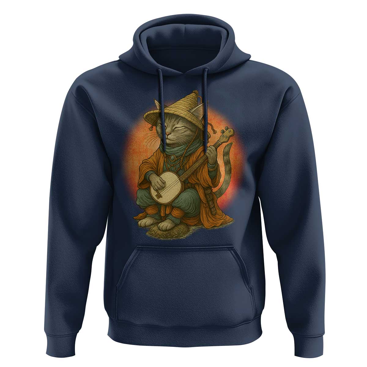 Japanese Samurai Cat Hoodie Retro Cat Playing Shamisen Art - Wonder Print Shop