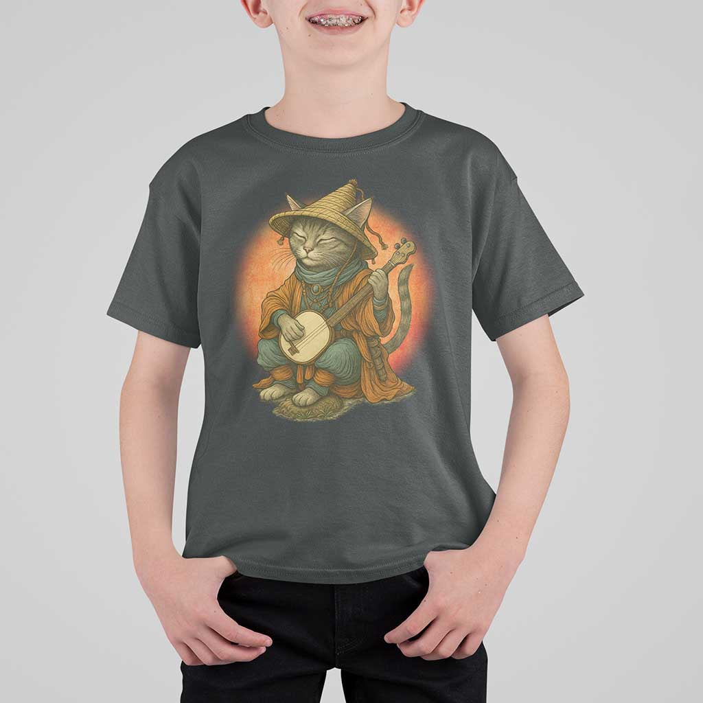 Japanese Samurai Cat T Shirt For Kid Retro Cat Playing Shamisen Art - Wonder Print Shop