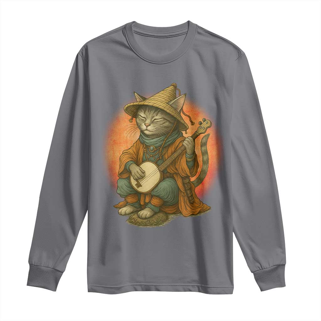 Japanese Samurai Cat Long Sleeve Shirt Retro Cat Playing Shamisen Art - Wonder Print Shop