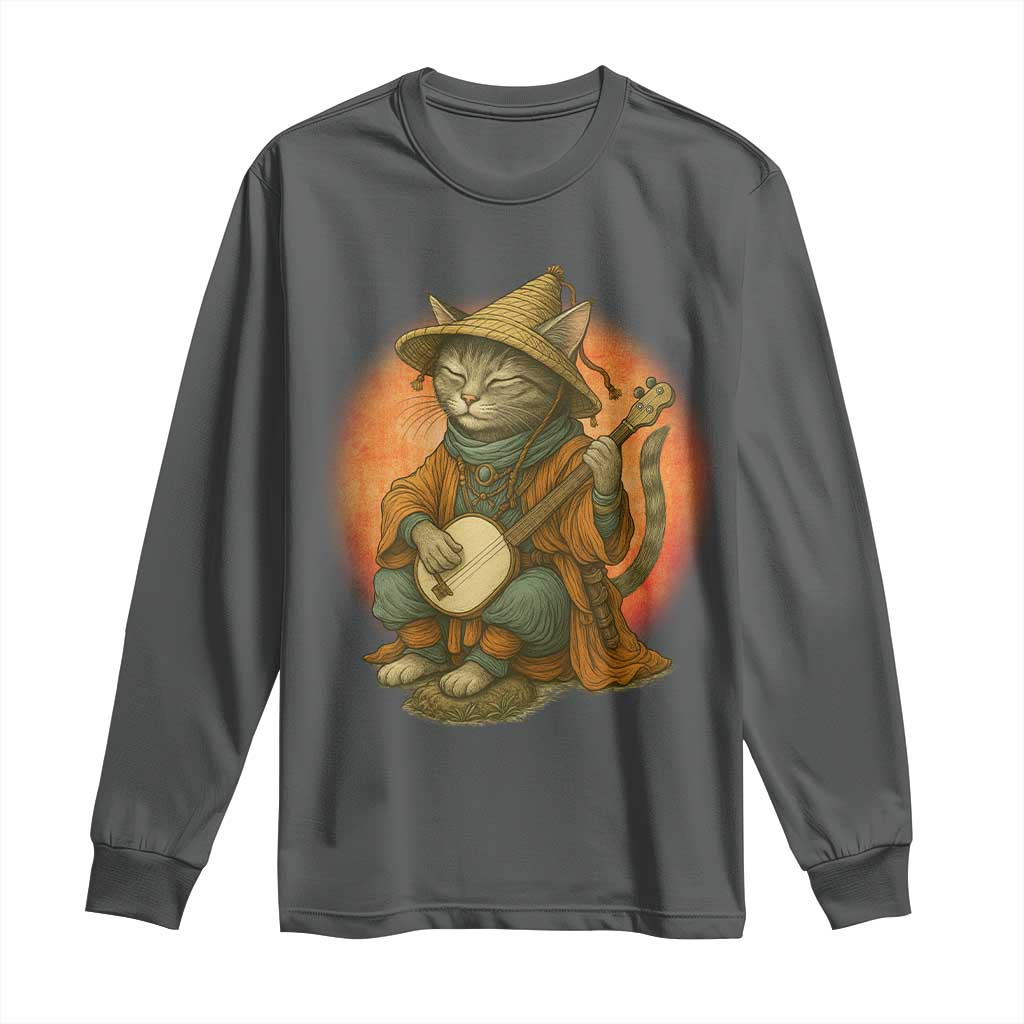 Japanese Samurai Cat Long Sleeve Shirt Retro Cat Playing Shamisen Art - Wonder Print Shop
