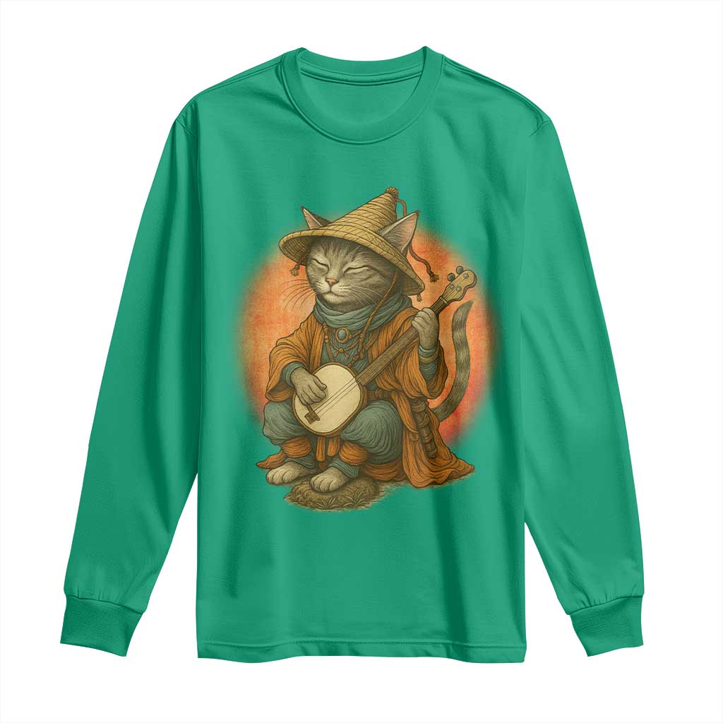 Japanese Samurai Cat Long Sleeve Shirt Retro Cat Playing Shamisen Art - Wonder Print Shop