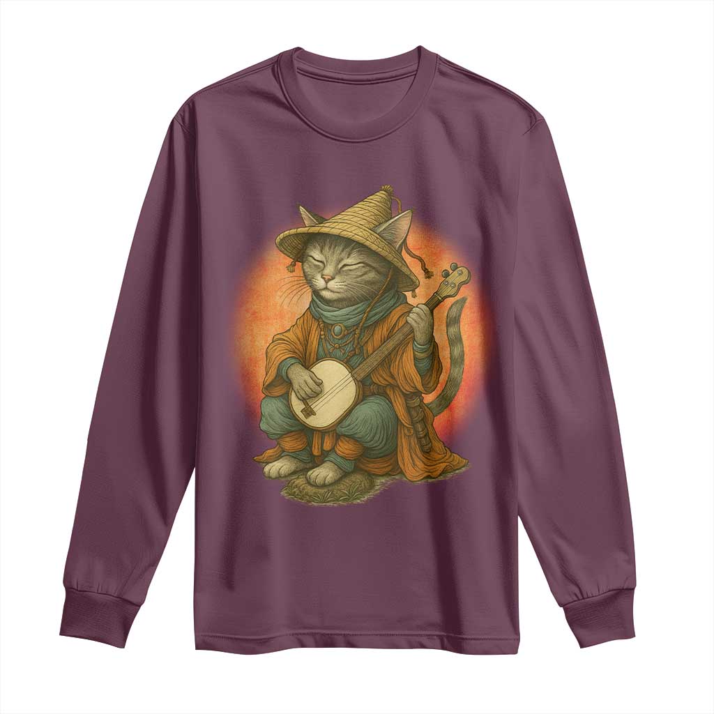 Japanese Samurai Cat Long Sleeve Shirt Retro Cat Playing Shamisen Art - Wonder Print Shop