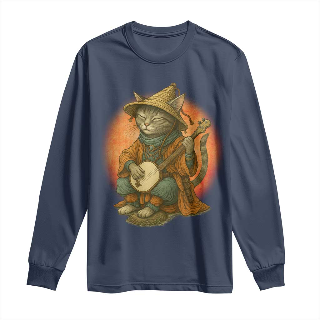 Japanese Samurai Cat Long Sleeve Shirt Retro Cat Playing Shamisen Art - Wonder Print Shop